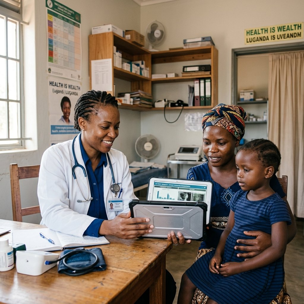 Doctor demonstrating diagnostic results on a tablet to a mother holding her child in a clinic